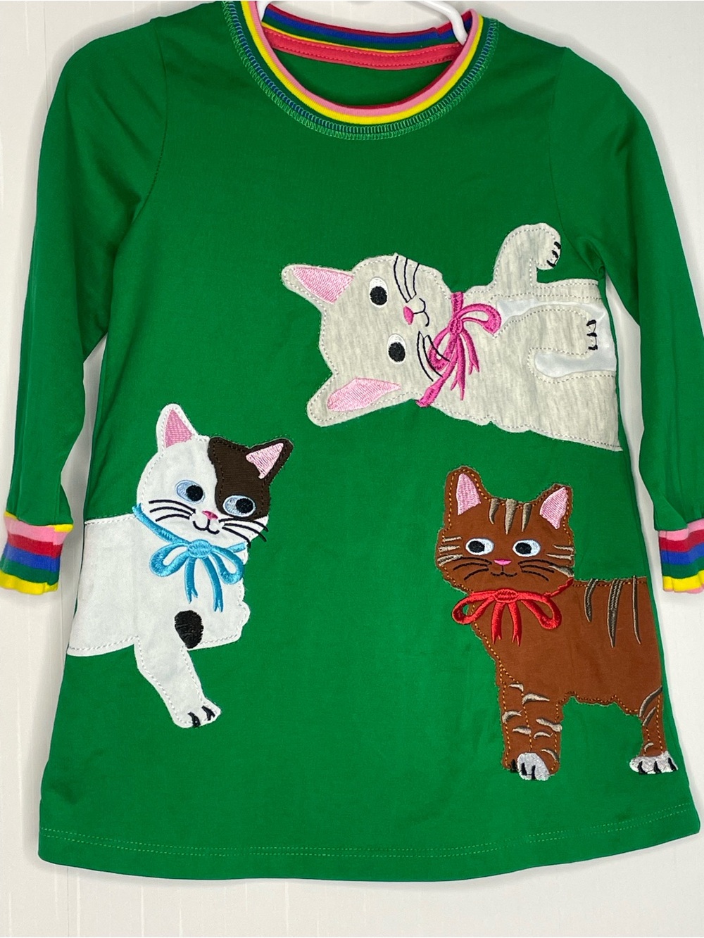 Green Kids Dress with Playful Cat Appliqués Crewneck LS 2Y - Picture 3 of 11